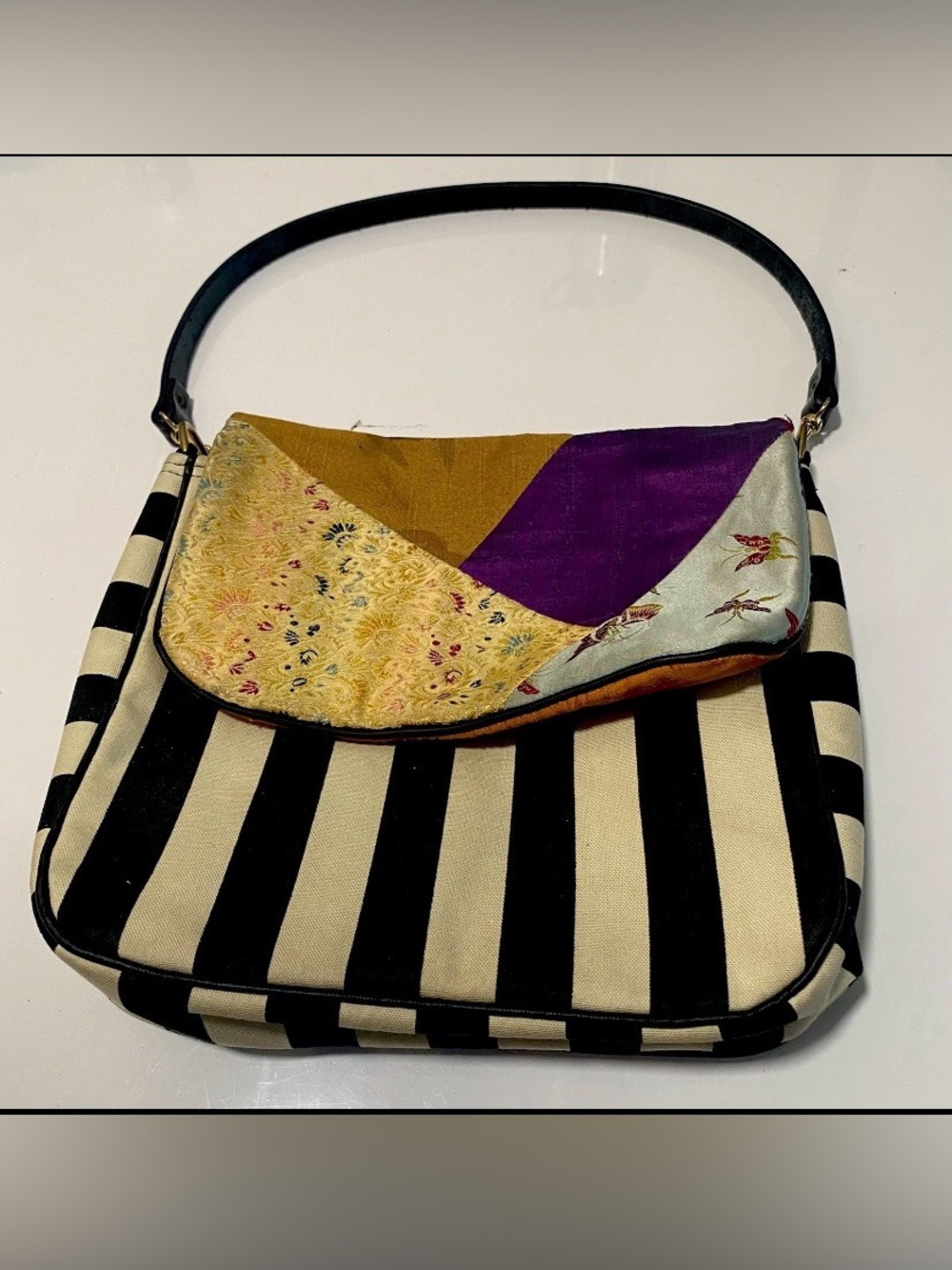 Silver Plum Patchwork Shoulder Bag – Y2K Boho Striped Canvas & Silk
